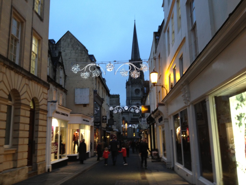 Glittery Christmas lights on the cheerful streets of Bath