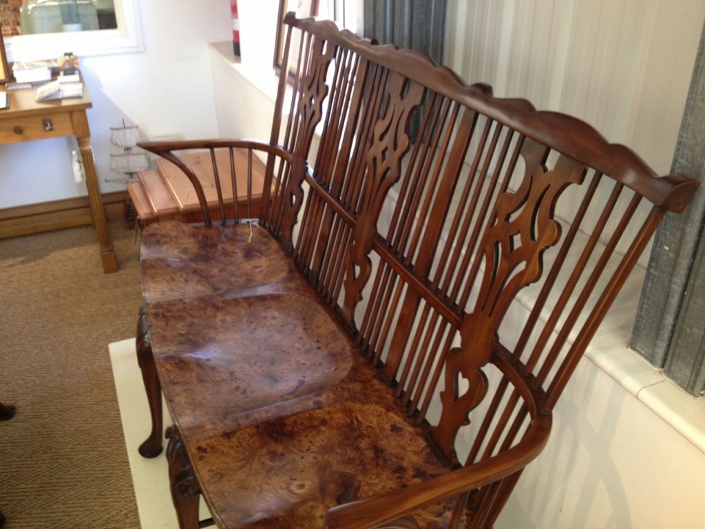 Bench made of burled elm, an irreplaceable piece of furniture since elms died out due to Dutch elm disease.